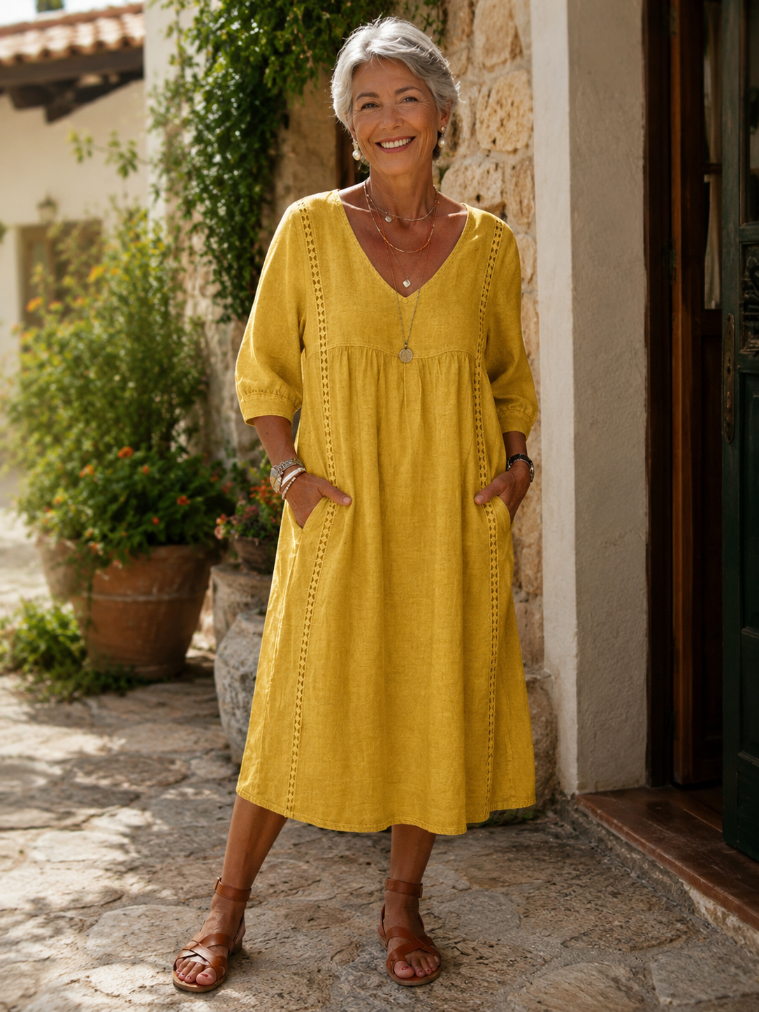 Rossana | Loose-Fitting Linen and Cotton Dress with Lace