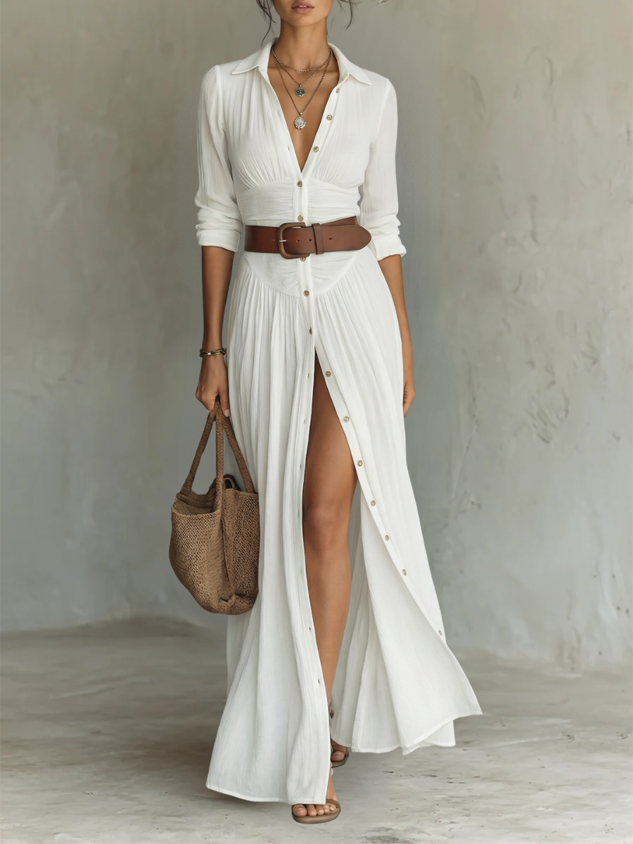 Long Maxi Dress with Notched Collar