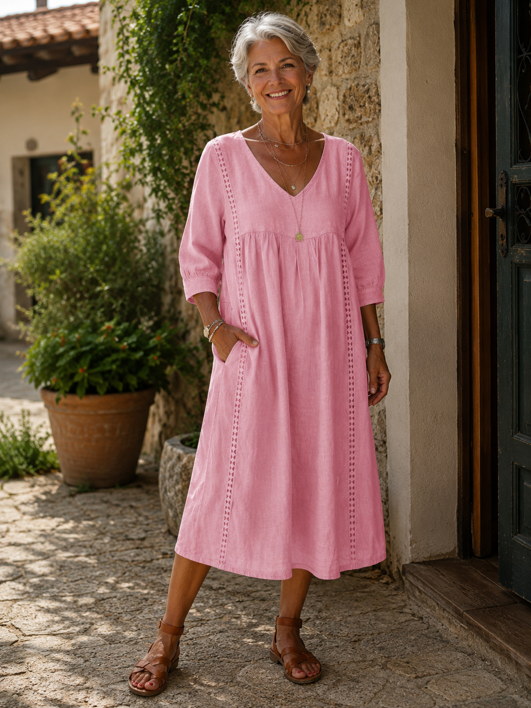 Rossana | Loose-Fitting Linen and Cotton Dress with Lace