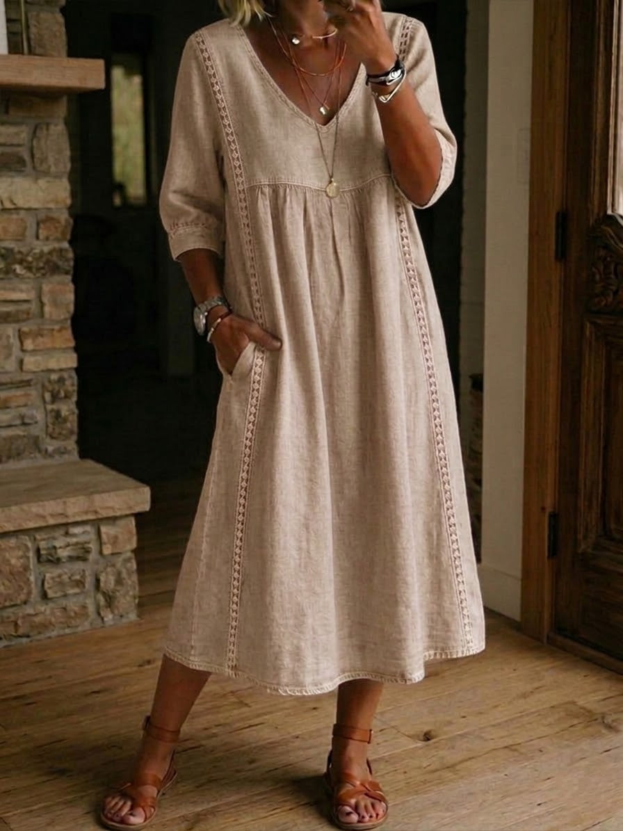 Rossana | Loose-Fitting Linen and Cotton Dress with Lace