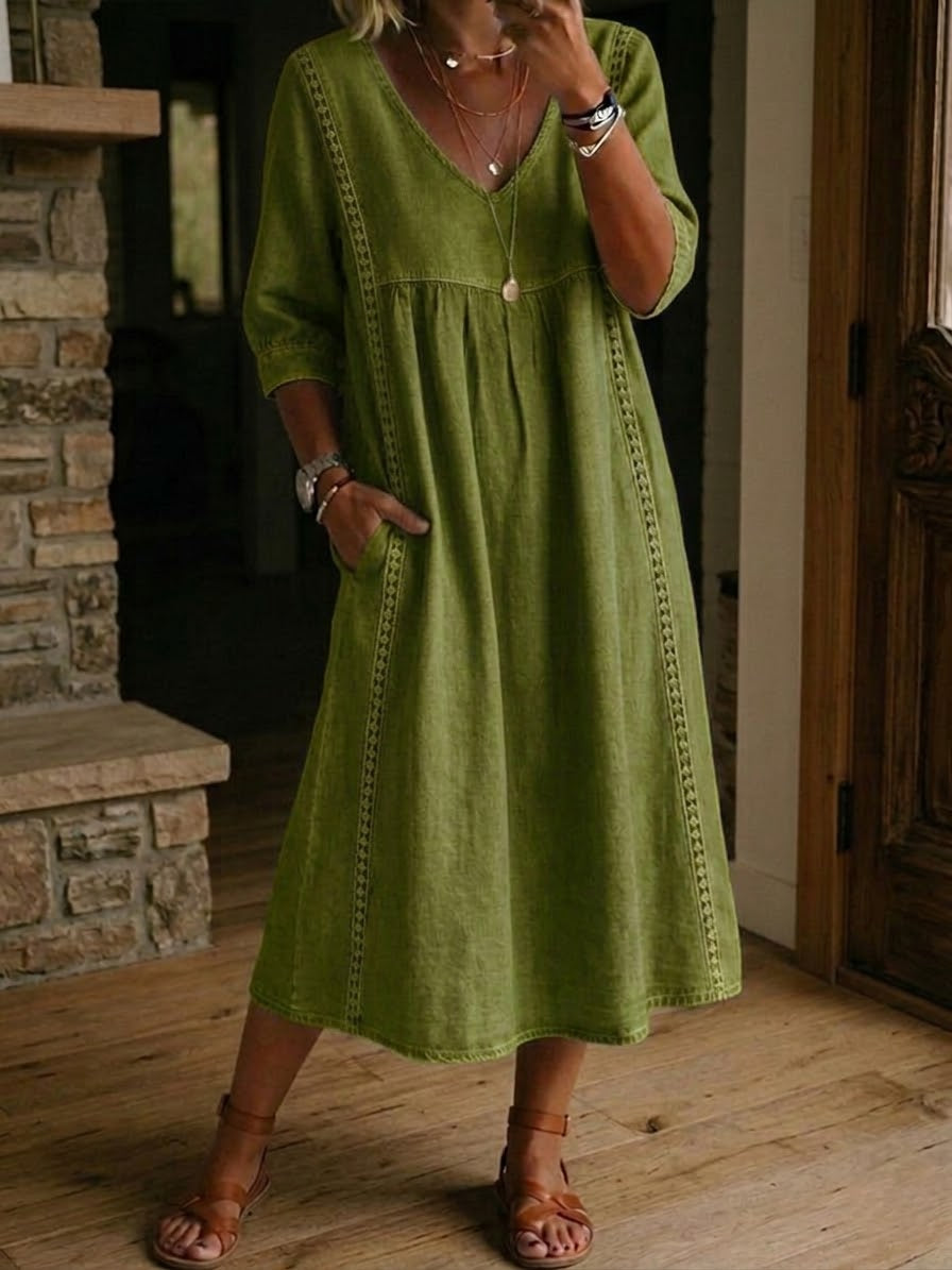 Rossana | Loose-Fitting Linen and Cotton Dress with Lace