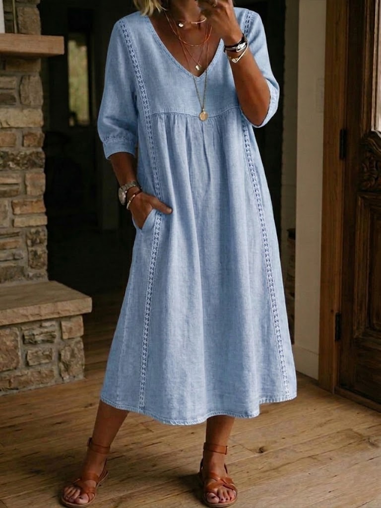 Rossana | Loose-Fitting Linen and Cotton Dress with Lace