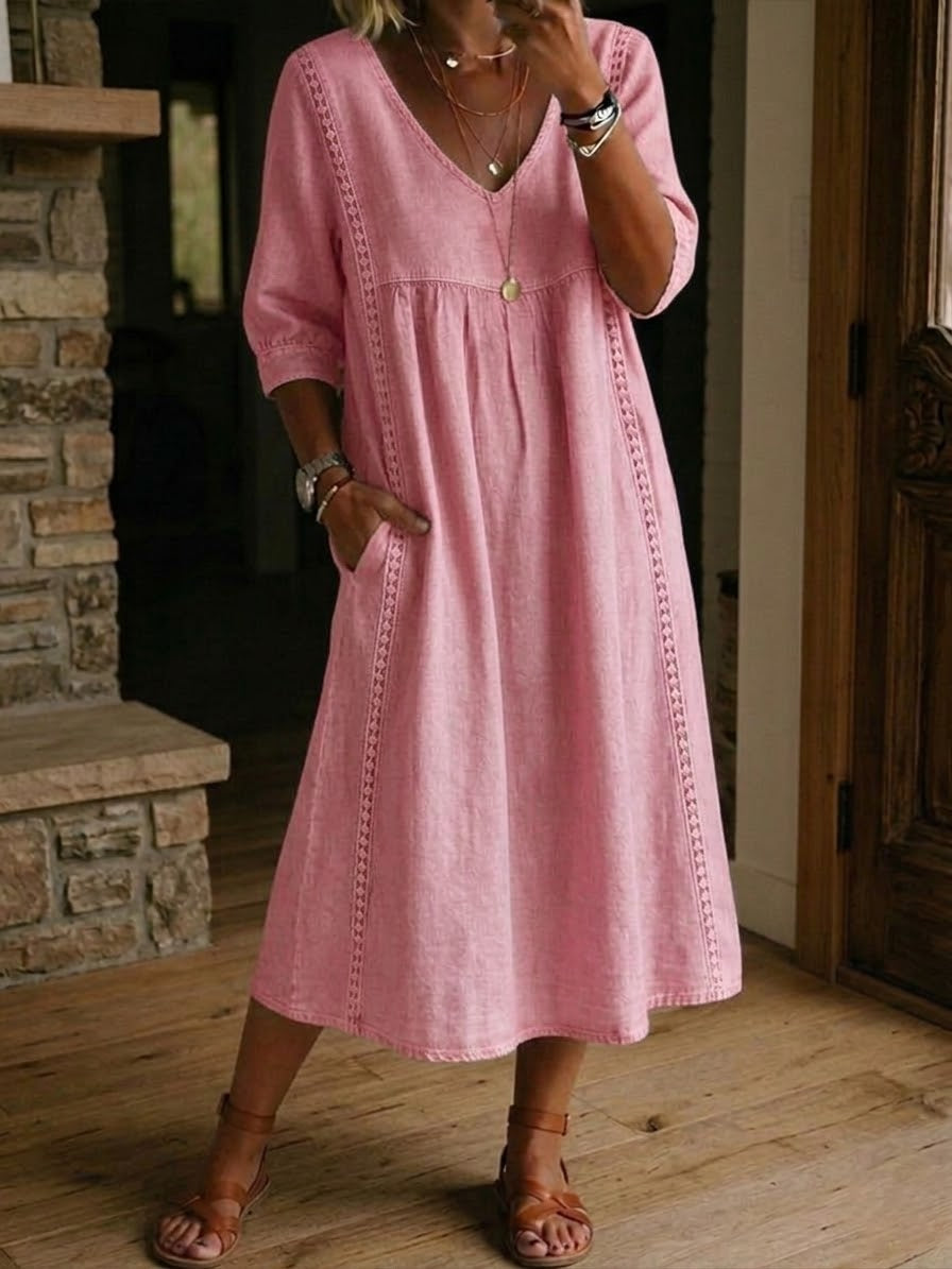 Rossana | Loose-Fitting Linen and Cotton Dress with Lace