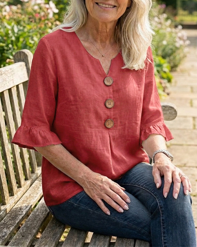 Sophia Plain Cotton-Linen Blouse with Wooden Buttons and Ruffles