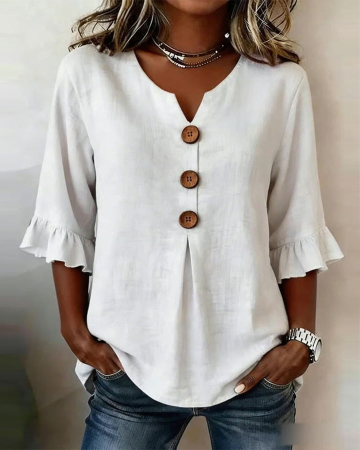 Sophia Plain Cotton-Linen Blouse with Wooden Buttons and Ruffles