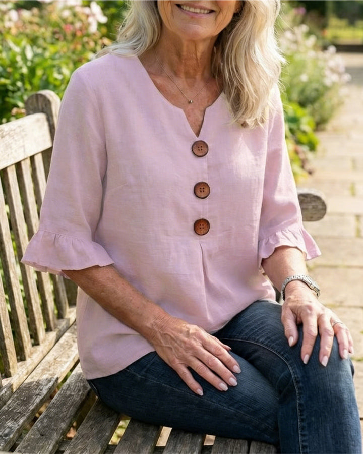 Sophia Plain Cotton-Linen Blouse with Wooden Buttons and Ruffles