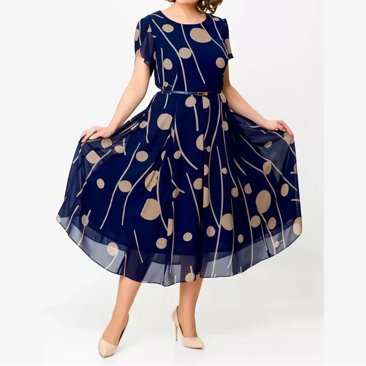 IVY | NAVY POLKA DOT PRINT CHIFFON MIDI DRESS