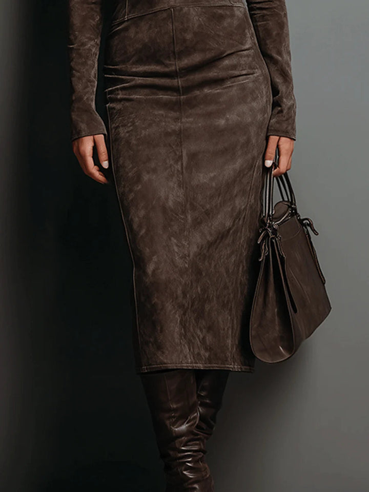 Sienna – Midi Suede Dress with High Neck & Long Sleeves