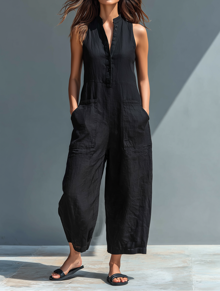 Silvia - Sleeveless Minimalist Dungarees in Linen Blend