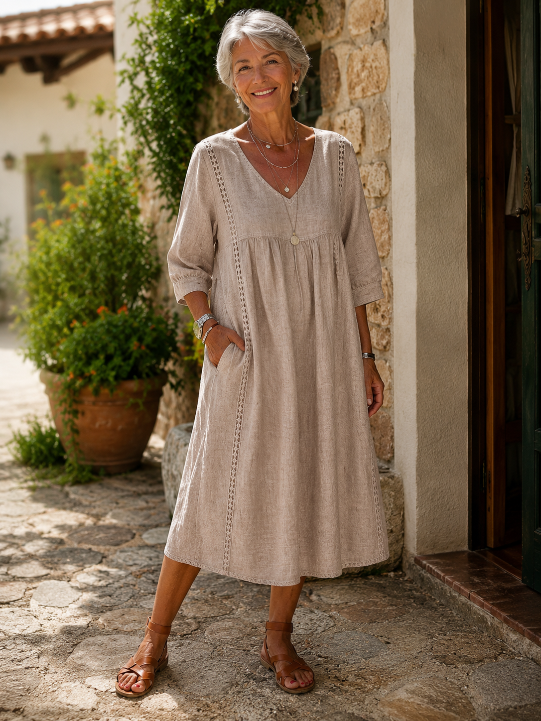 Rossana | Loose-Fitting Linen and Cotton Dress with Lace