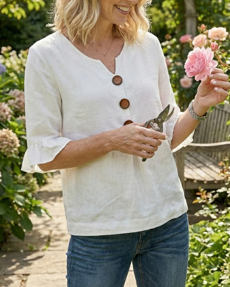 Sophia Plain Cotton-Linen Blouse with Wooden Buttons and Ruffles