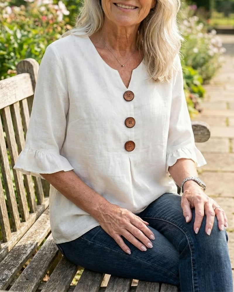 Sophia Plain Cotton-Linen Blouse with Wooden Buttons and Ruffles
