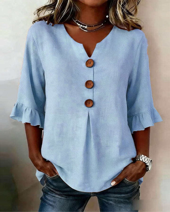 Sophia Plain Cotton-Linen Blouse with Wooden Buttons and Ruffles