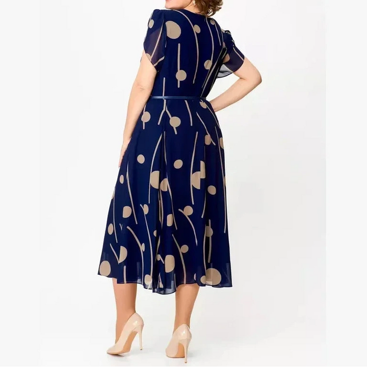 IVY | NAVY POLKA DOT PRINT CHIFFON MIDI DRESS