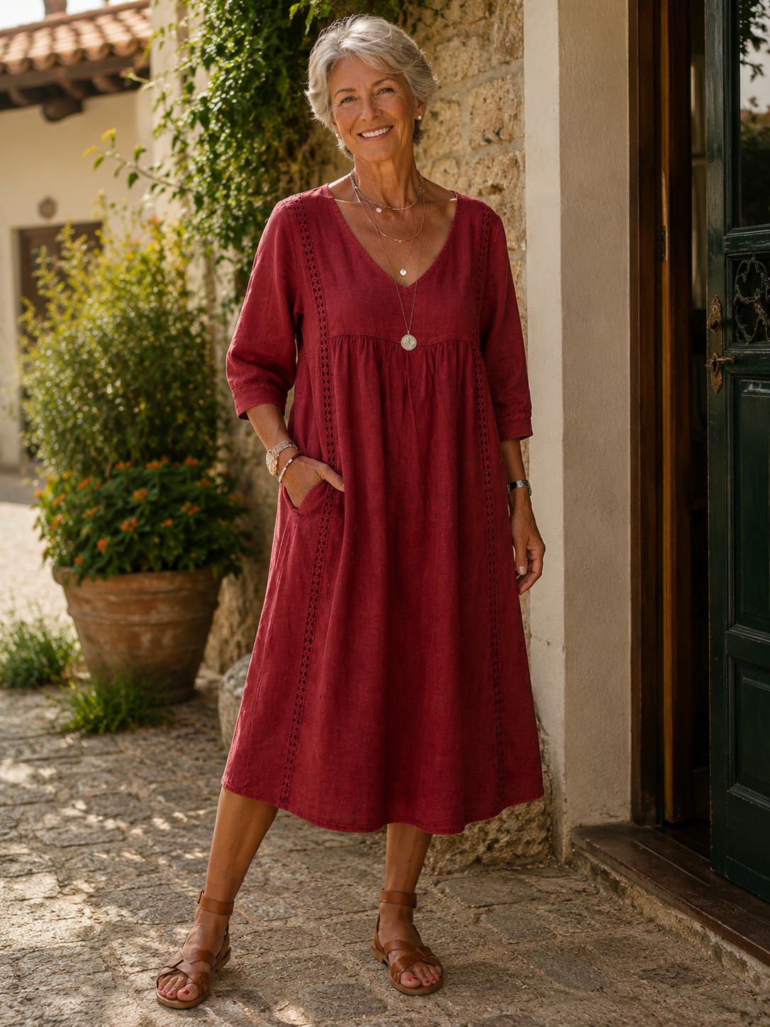 Rossana | Loose-Fitting Linen and Cotton Dress with Lace