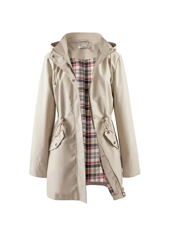 Elara | Womens Windproof Hooded Trench Coat with Check Lining