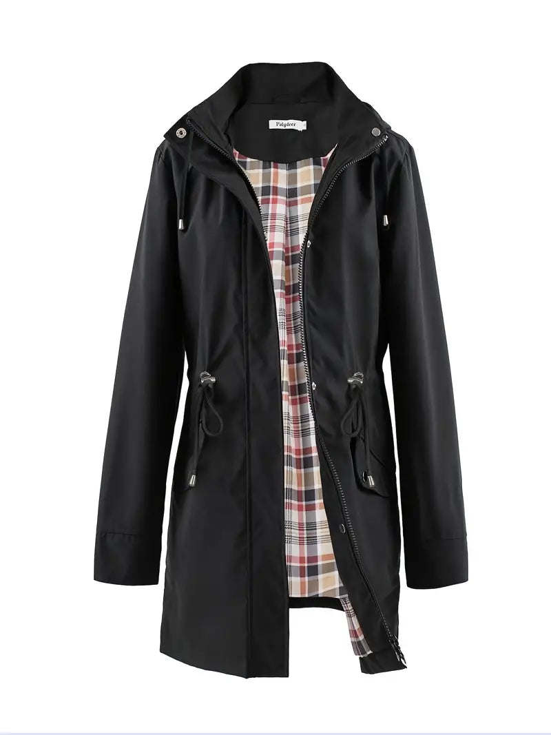 Elara | Womens Windproof Hooded Trench Coat with Check Lining