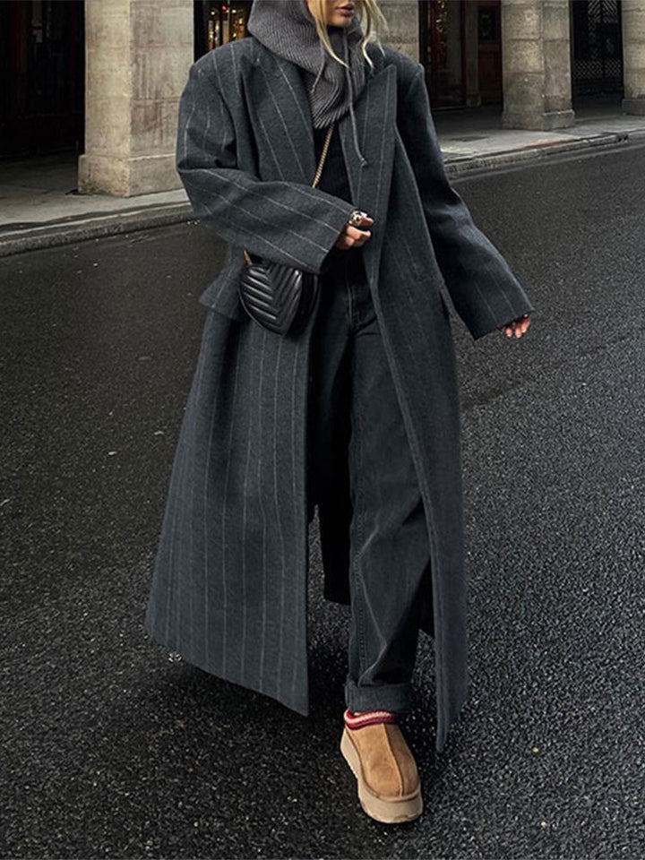 Calora | Womens Pinstripe Longline Belted Coat