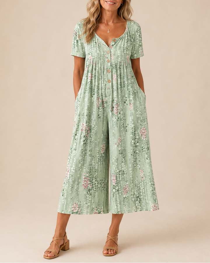 Hazel | Leaf Print V-Neck Jumpsuit with Short Sleeves and Wide Legs