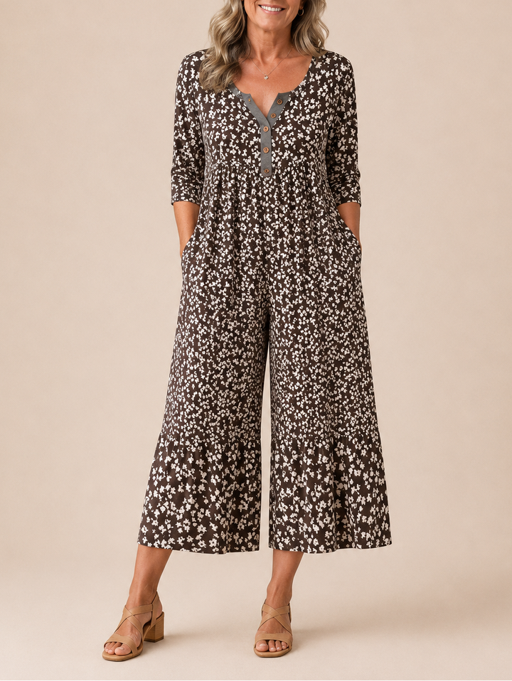 Hazel | Leaf Print V-Neck Jumpsuit with Short Sleeves and Wide Legs