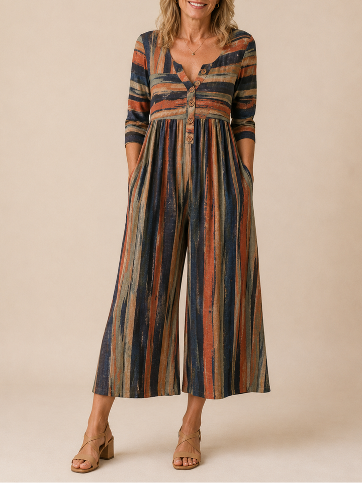 Hazel | Leaf Print V-Neck Jumpsuit with Short Sleeves and Wide Legs