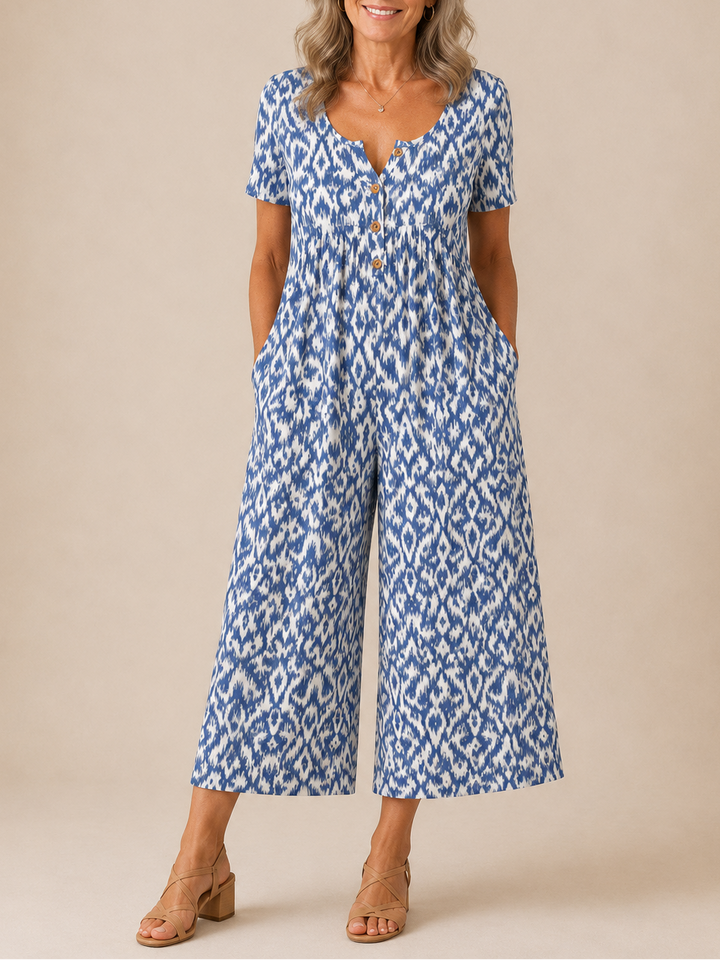 Hazel | Leaf Print V-Neck Jumpsuit with Short Sleeves and Wide Legs