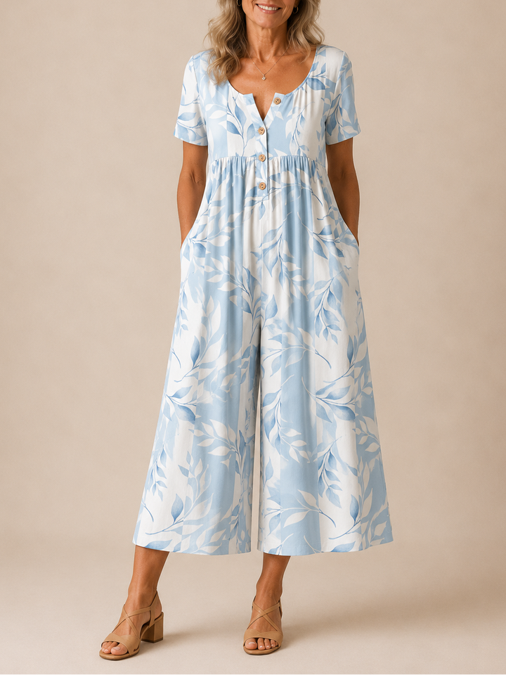Hazel | Leaf Print V-Neck Jumpsuit with Short Sleeves and Wide Legs