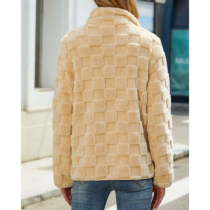 Thora | Checkerboard Fleece Jacket Stand Collar