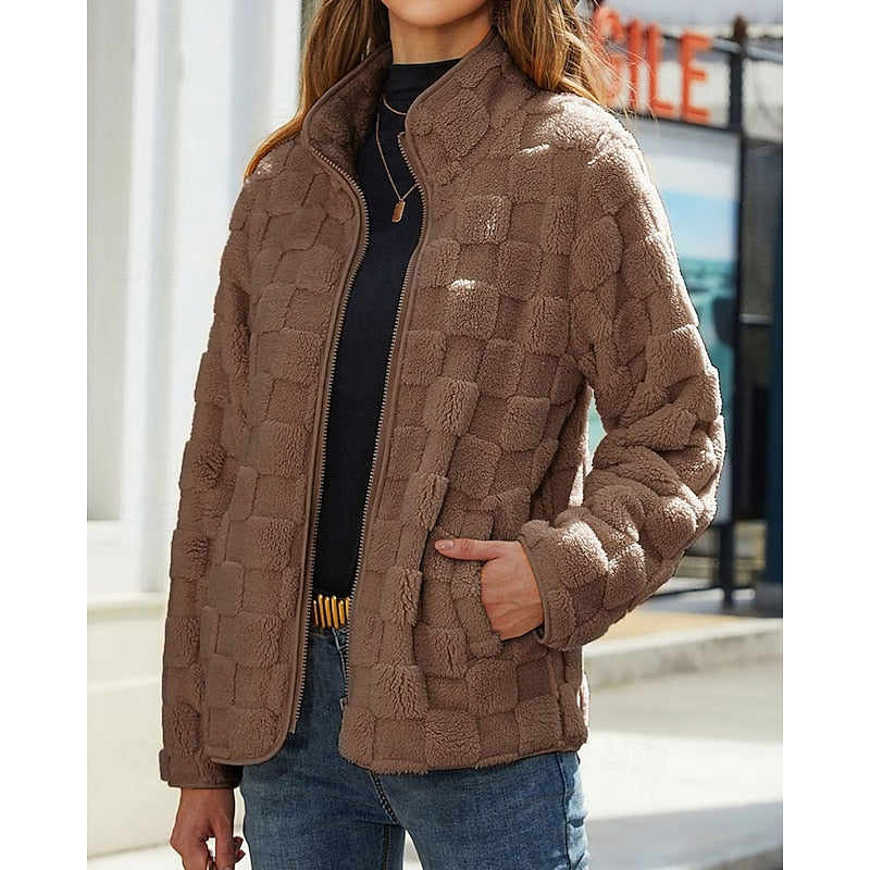 Thora | Checkerboard Fleece Jacket Stand Collar