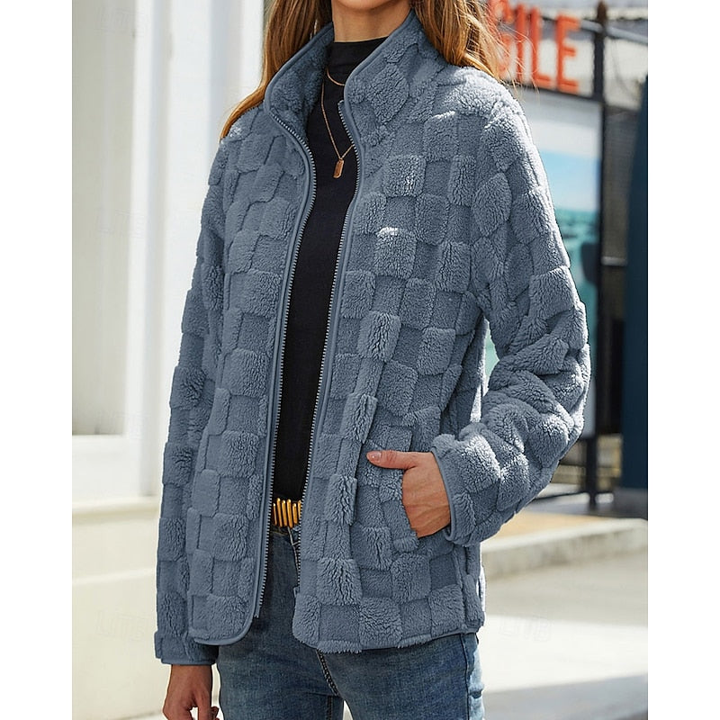 Thora | Checkerboard Fleece Jacket Stand Collar