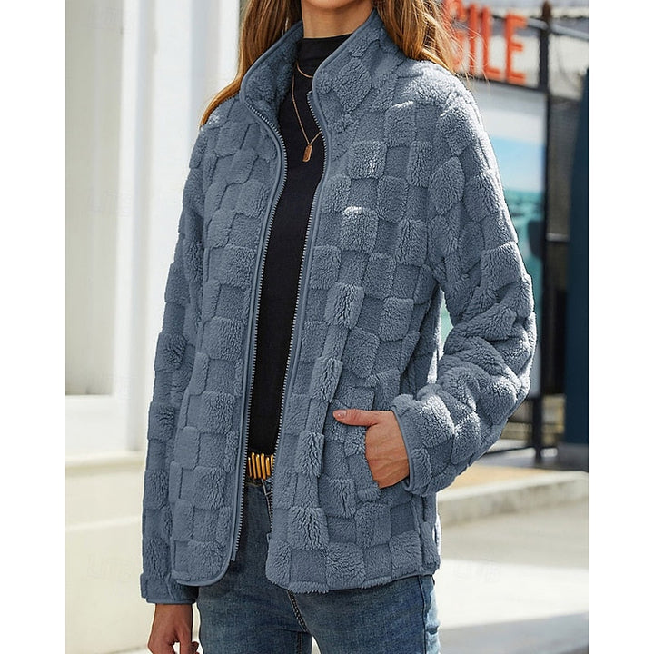Thora | Checkerboard Fleece Jacket Stand Collar