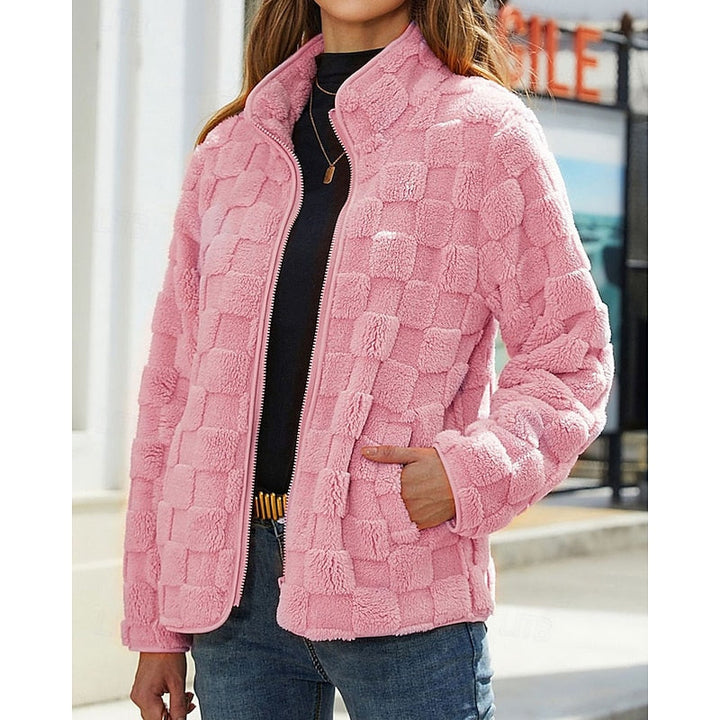 Thora | Checkerboard Fleece Jacket Stand Collar