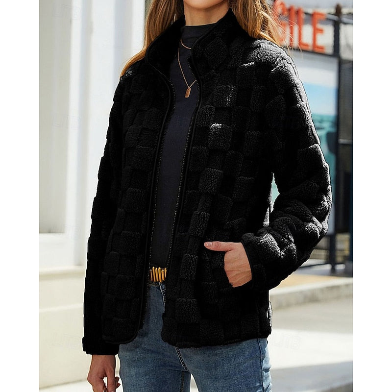Thora | Checkerboard Fleece Jacket Stand Collar