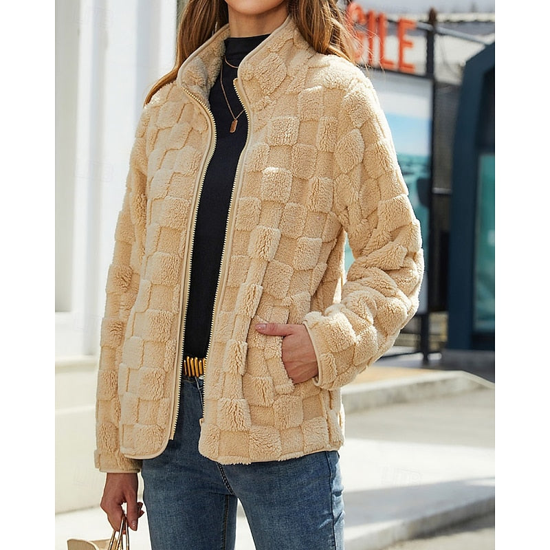 Thora | Checkerboard Fleece Jacket Stand Collar