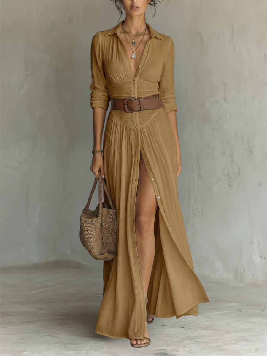 Long Maxi Dress with Notched Collar