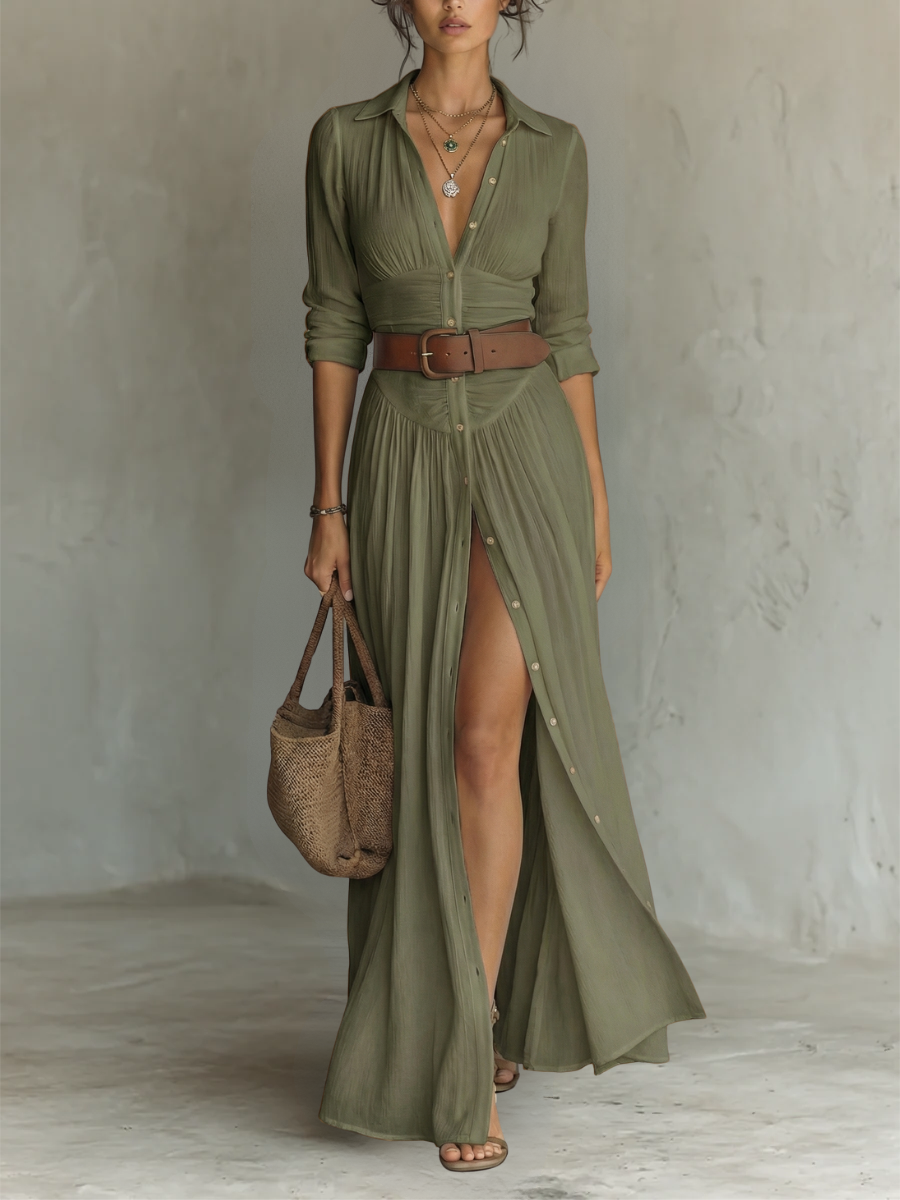 Long Maxi Dress with Notched Collar