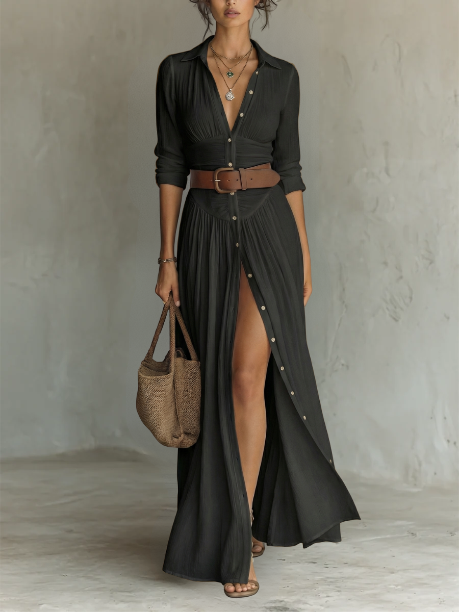 Long Maxi Dress with Notched Collar