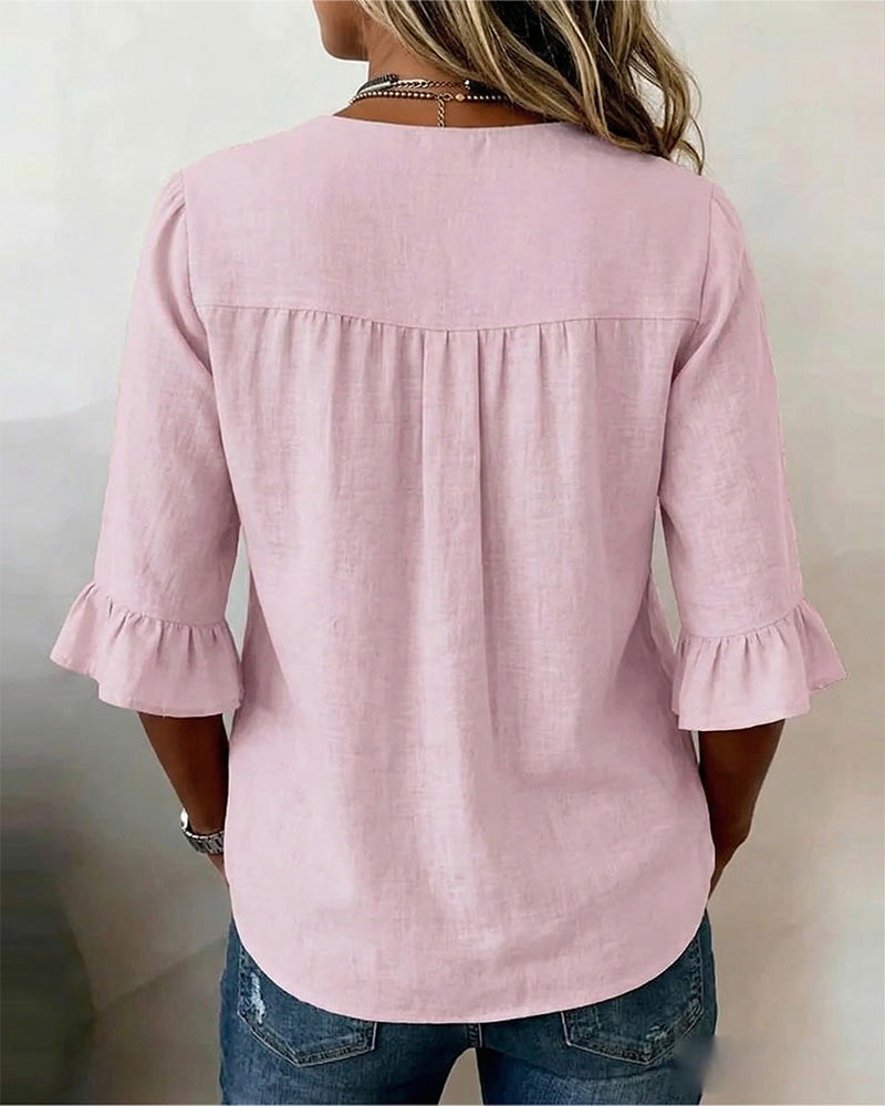 Sophia Plain Cotton-Linen Blouse with Wooden Buttons and Ruffles