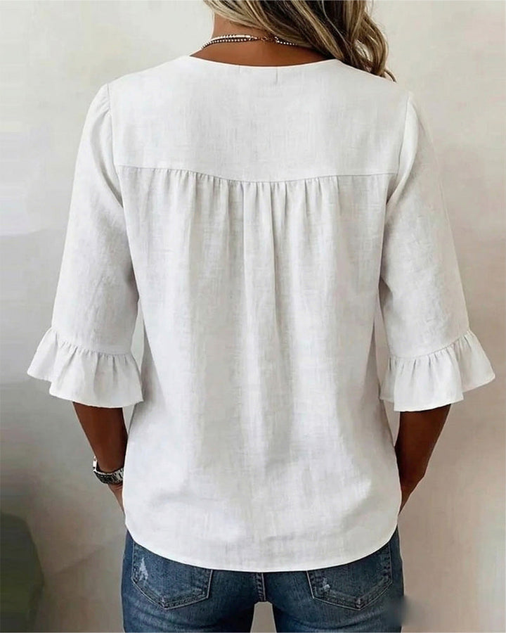 Sophia Plain Cotton-Linen Blouse with Wooden Buttons and Ruffles