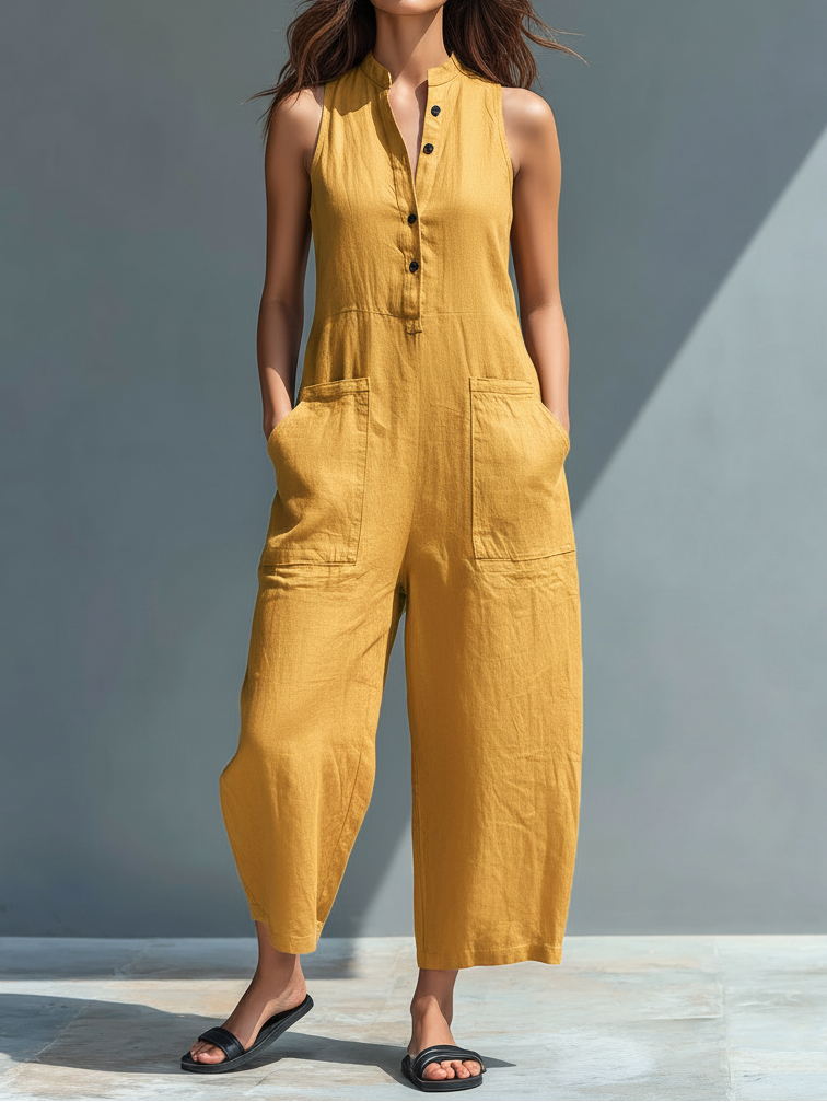 Silvia - Sleeveless Minimalist Dungarees in Linen Blend