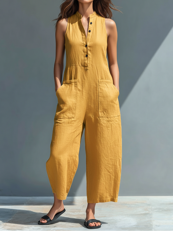 Silvia - Sleeveless Minimalist Dungarees in Linen Blend