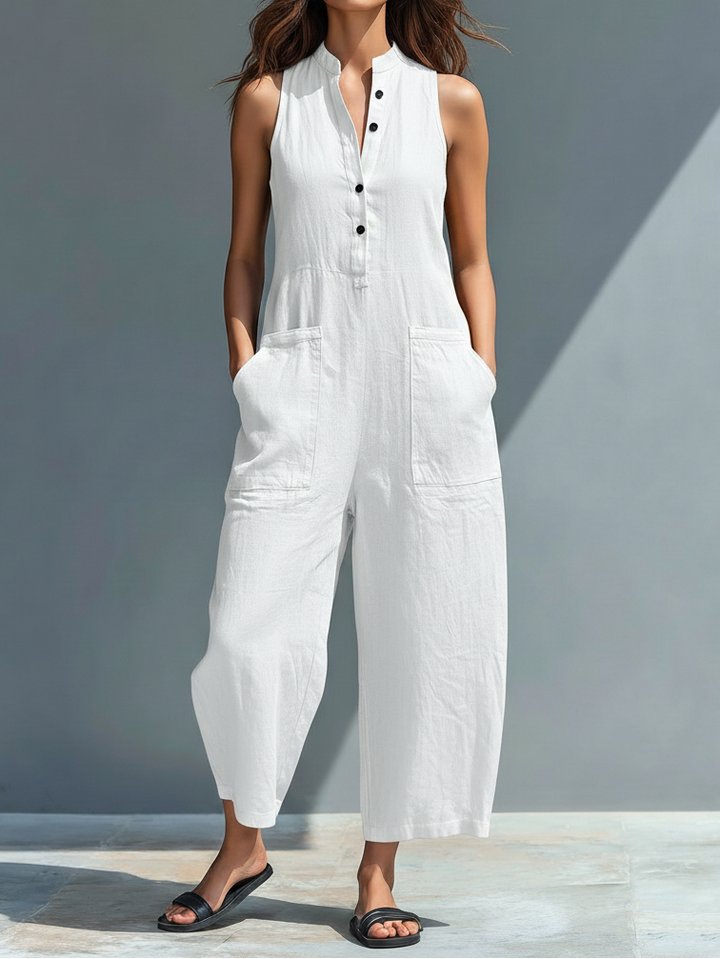 Silvia - Sleeveless Minimalist Dungarees in Linen Blend