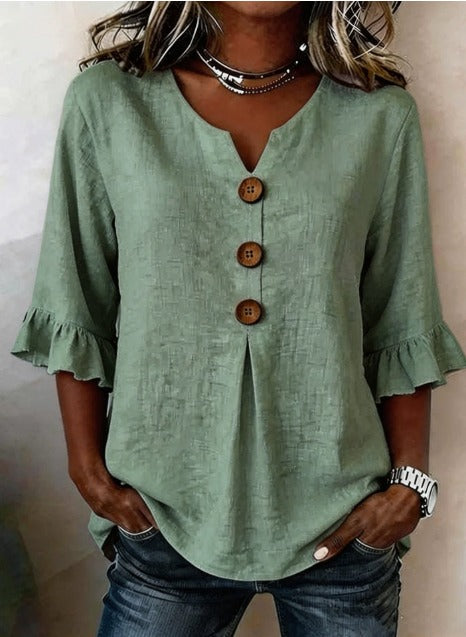 Sophia Plain Cotton-Linen Blouse with Wooden Buttons and Ruffles