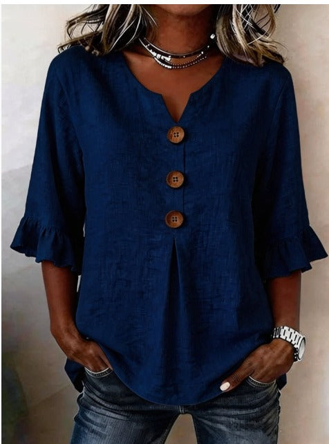 Sophia Plain Cotton-Linen Blouse with Wooden Buttons and Ruffles