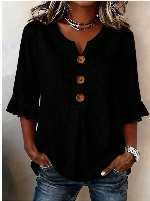 Sophia Plain Cotton-Linen Blouse with Wooden Buttons and Ruffles
