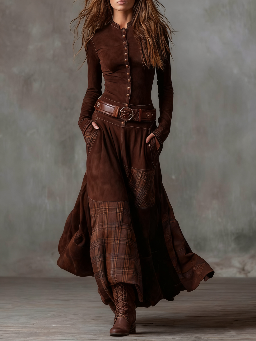 Keeva - Navy Suede Maxi Dress with Belt