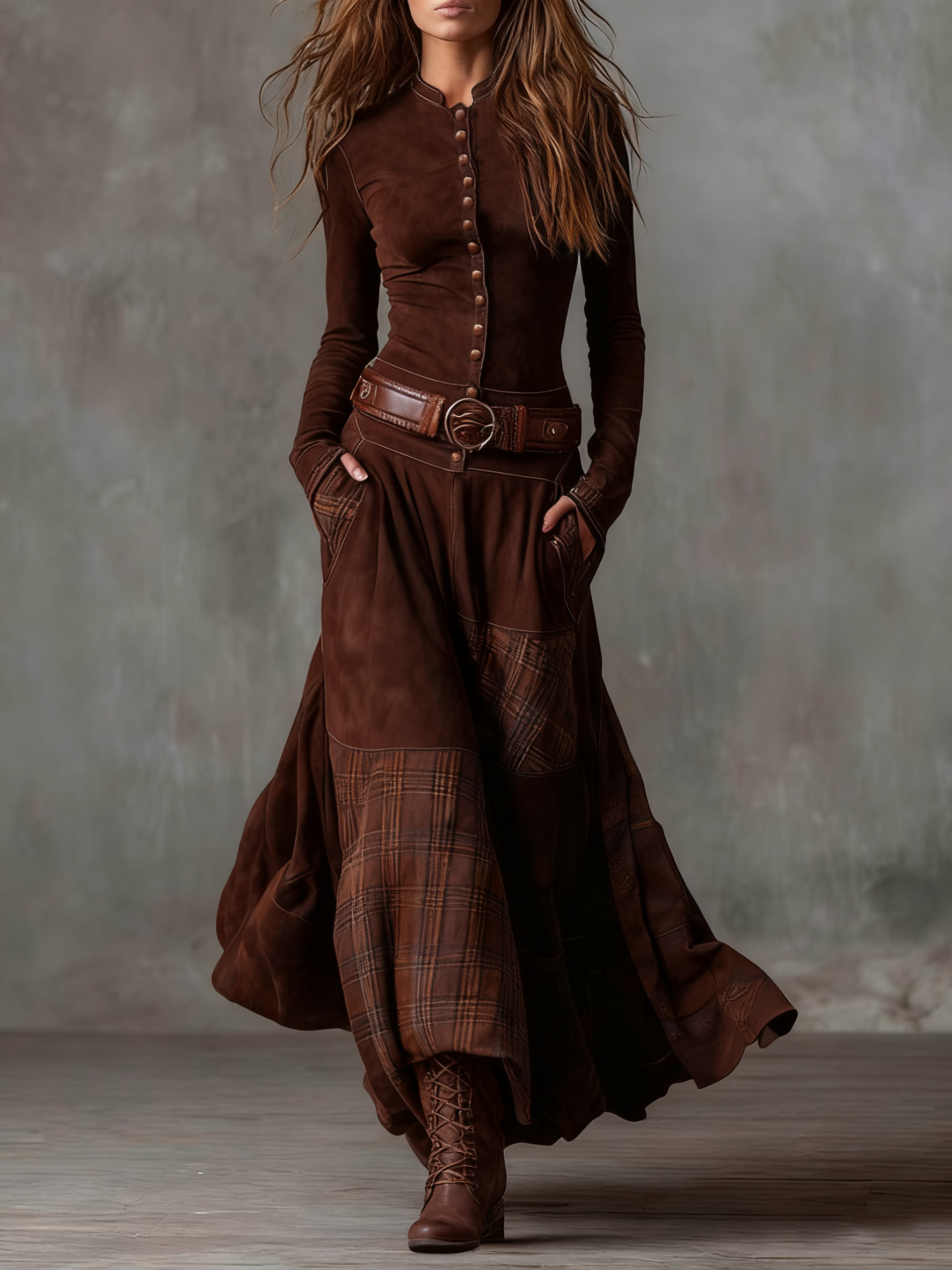 Keeva - Navy Suede Maxi Dress with Belt