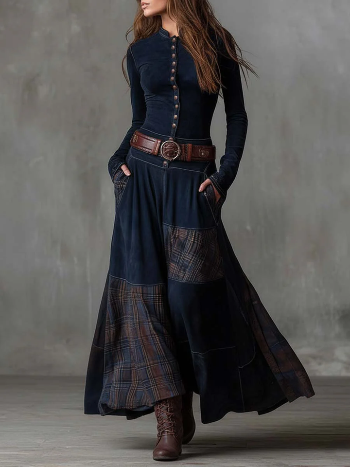 Keeva - Navy Suede Maxi Dress with Belt