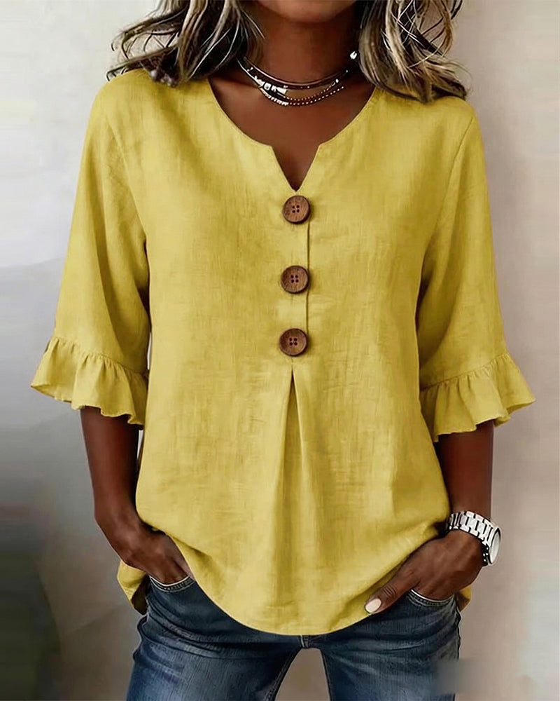 Sophia Plain Cotton-Linen Blouse with Wooden Buttons and Ruffles