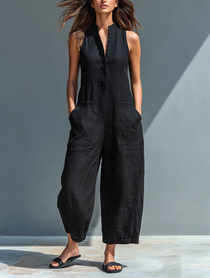 Silvia - Sleeveless Minimalist Dungarees in Linen Blend